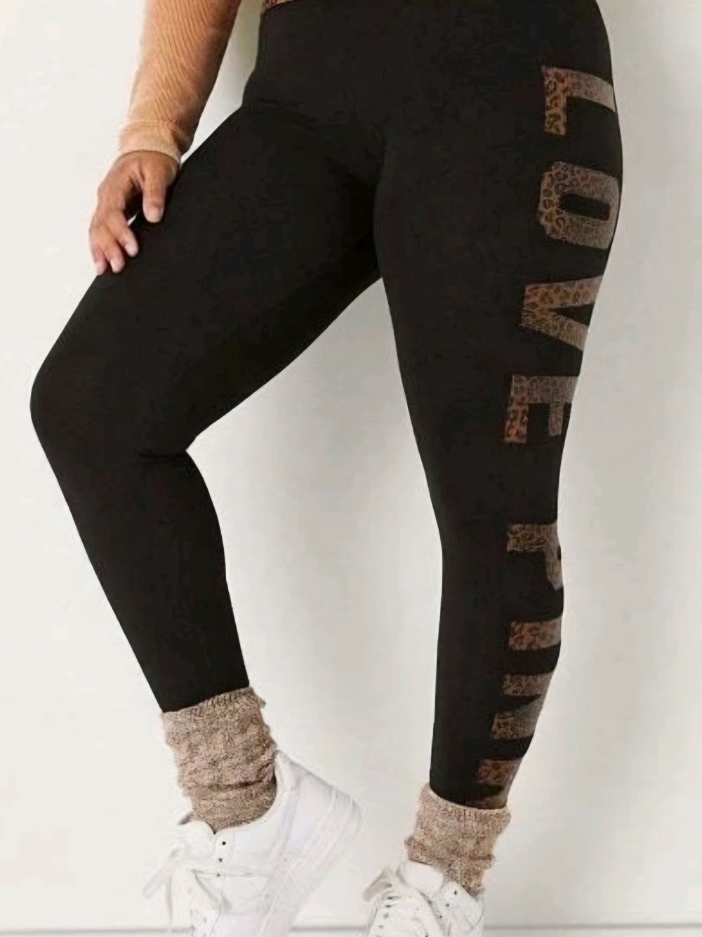 PINK Mid Rise Foldover Leopard Leggings Black Brown Smoothing Waistband